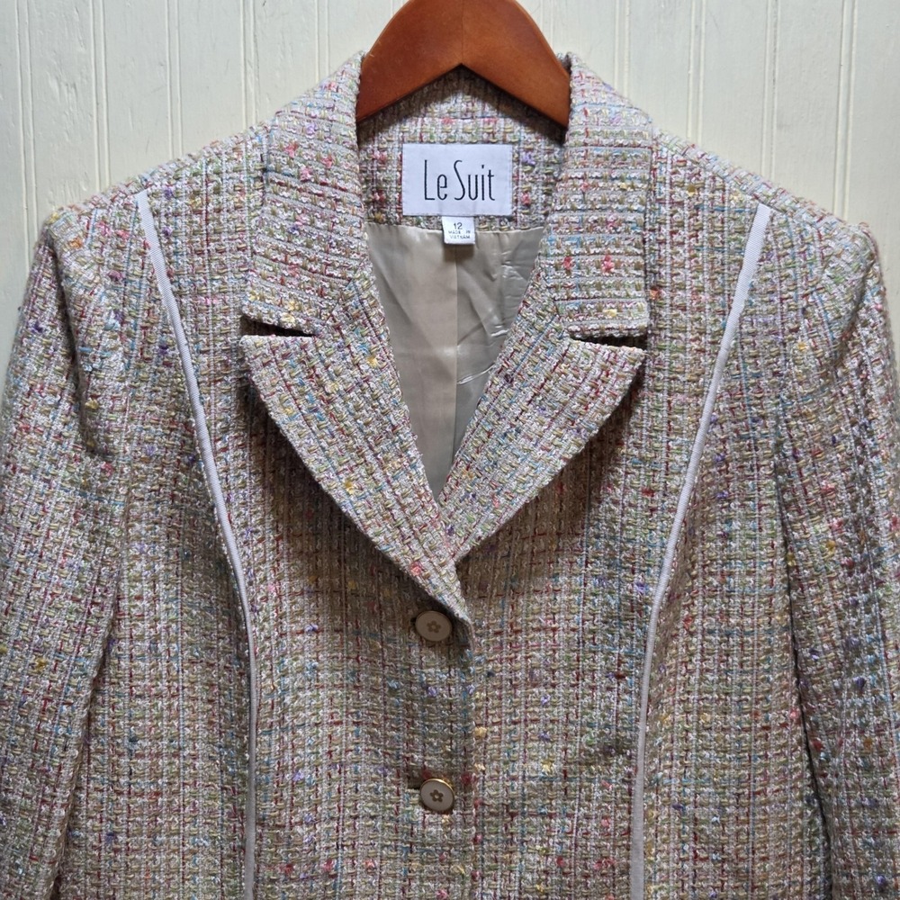 Le Suit Blazer Jacket Womens 12 Multicolor Tweed Three Button Lined Career